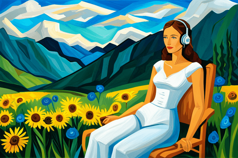 Artwork of a lady sitting outside listening to music through headphones, daydreaming
